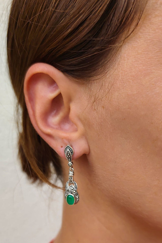 Lido - Jade Maw Sit Sit | Art Deco Inspired Sterling Silver & Fine Stones Earrings - Art_Deco_Jewelry_Sterling_Silver_Earrings_artdecojewelry.shop._worn15_2