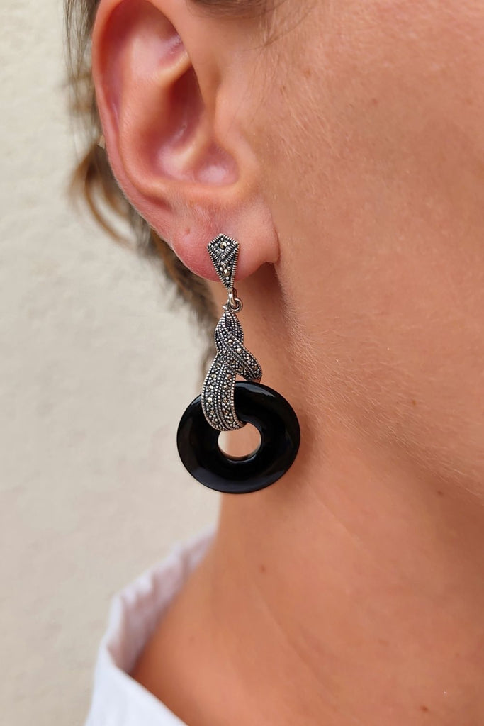 Trocadero - Onyx | Art Deco Inspired Sterling Silver & Fine Stones Earrings - Art_Deco_Jewelry_Sterling_Silver_Earrings_artdecojewelry.shop._worn_101