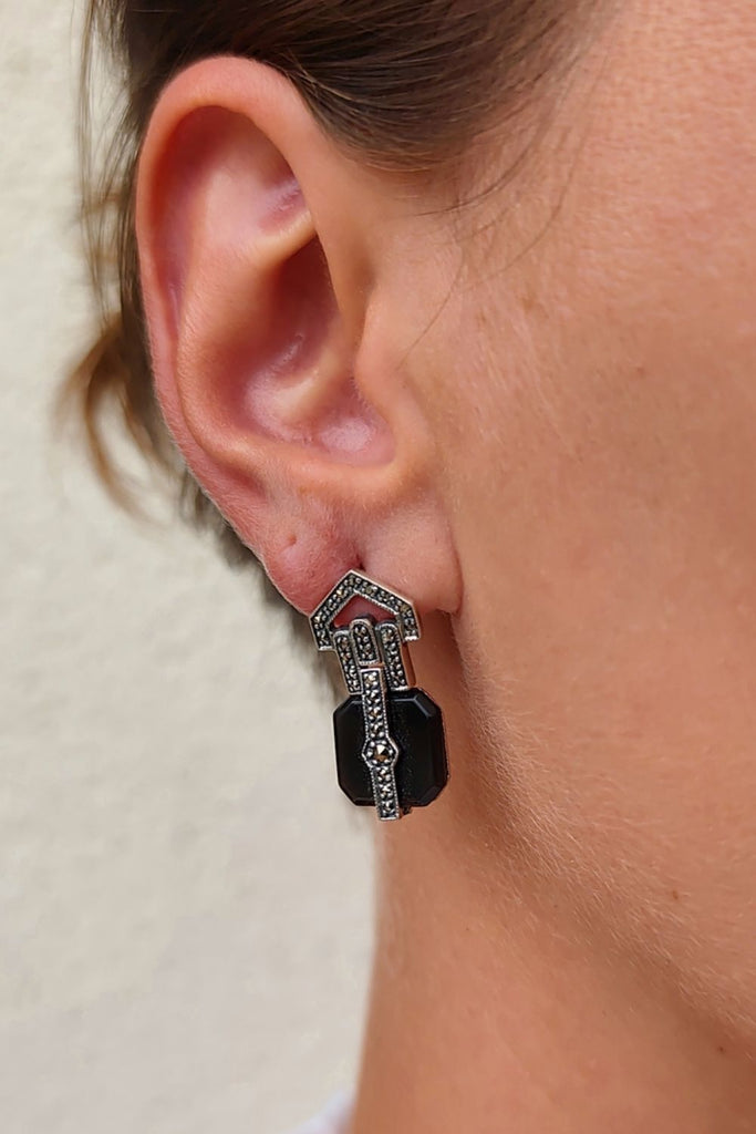 Ritz - Onyx | Art Deco Inspired Sterling Silver & Fine Stones Earrings - Art_Deco_Jewelry_Sterling_Silver_Earrings_artdecojewelry.shop._worn_109