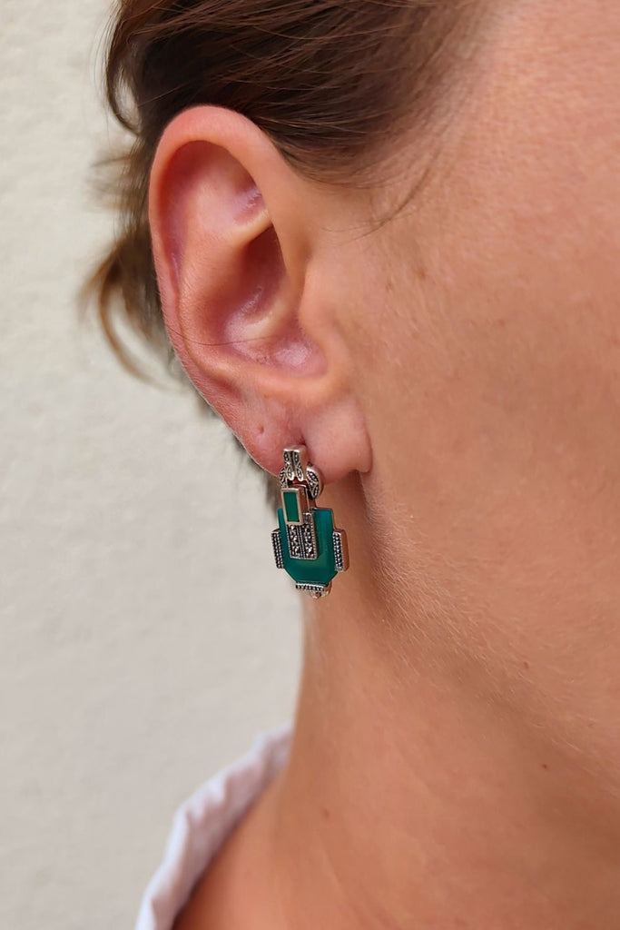 Savoy - Green Agate | Art Deco Inspired Sterling Silver & Fine Stones Earrings - Art_Deco_Jewelry_Sterling_Silver_Earrings_artdecojewelry.shop._worn_113
