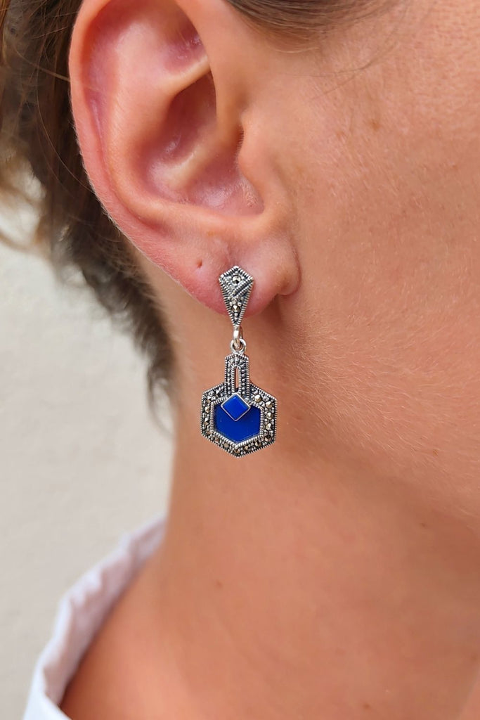 Corinthe - Lapis Lazuli | Art Deco Inspired Sterling Silver & Fine Stones Earrings - Art_Deco_Jewelry_Sterling_Silver_Earrings_artdecojewelry.shop._worn_115