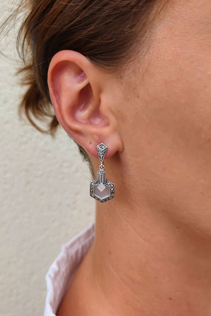 Corinthe - Mother of Pearl | Art Deco Inspired Sterling Silver & Fine Stones Earrings - Art_Deco_Jewelry_Sterling_Silver_Earrings_artdecojewelry.shop._worn_117