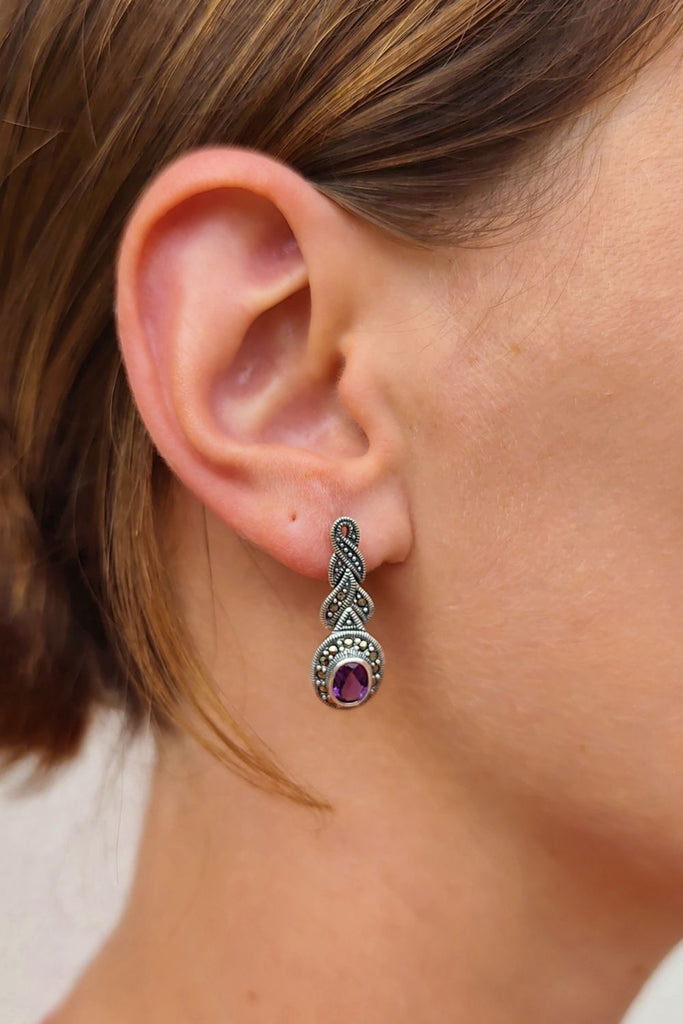 Alhambra - Amethyst | Art Deco Inspired Sterling Silver & Fine Stones Earrings - Art_Deco_Jewelry_Sterling_Silver_Earrings_artdecojewelry.shop._worn_11