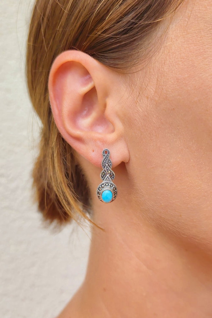 Alhambra - Amazonite | Art Deco Inspired Sterling Silver & Fine Stones Earrings - Art_Deco_Jewelry_Sterling_Silver_Earrings_artdecojewelry.shop._worn_18