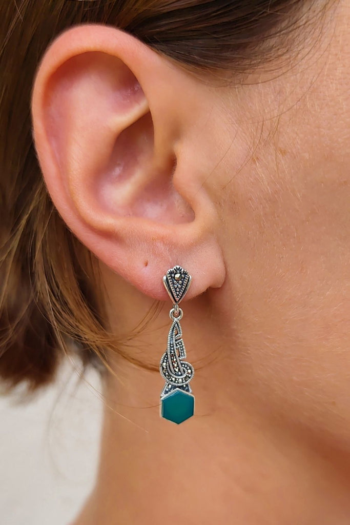 Lantern - Green Agate | Art Deco Inspired Sterling Silver & Fine Stones Earrings - Art_Deco_Jewelry_Sterling_Silver_Earrings_artdecojewelry.shop._worn_21
