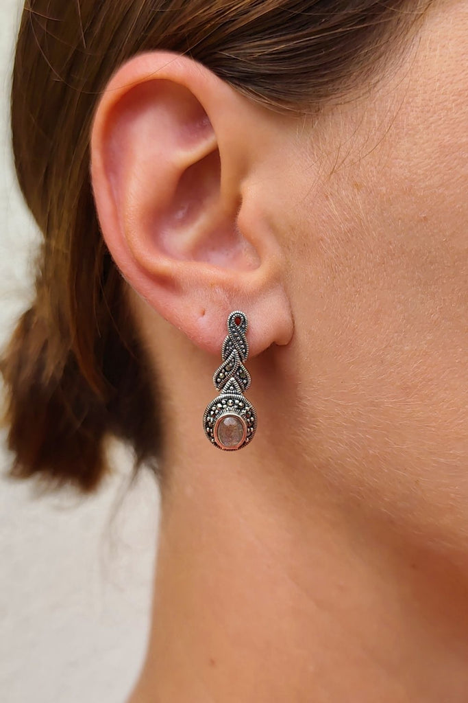 Alhambra - Labradorite | Art Deco Inspired Sterling Silver & Fine Stones Earrings - Art_Deco_Jewelry_Sterling_Silver_Earrings_artdecojewelry.shop._worn_23