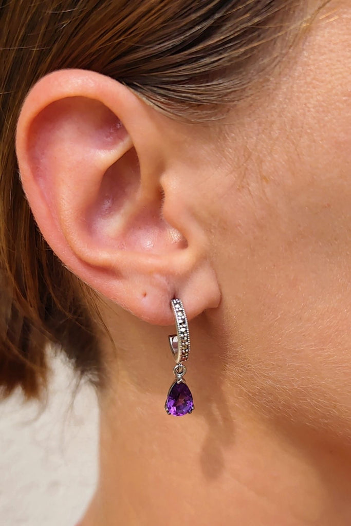 Rotunda - Amethyst | Art Deco Inspired Sterling Silver & Fine Stones Earrings - Art_Deco_Jewelry_Sterling_Silver_Earrings_artdecojewelry.shop._worn_29