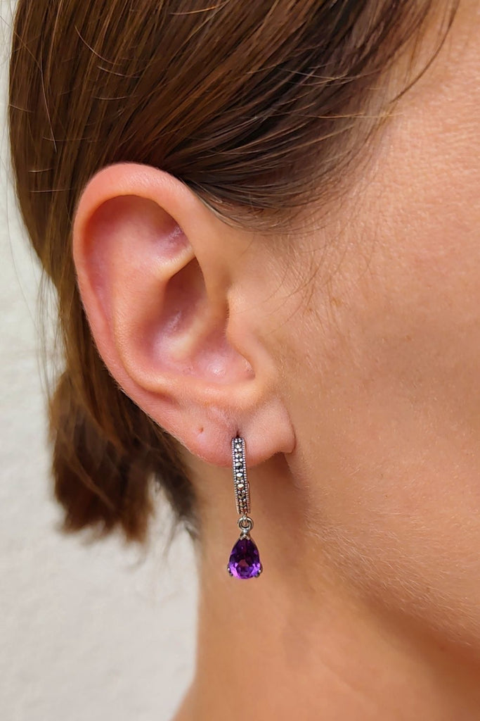 Rotunda - Amethyst | Art Deco Inspired Sterling Silver & Fine Stones Earrings - Art_Deco_Jewelry_Sterling_Silver_Earrings_artdecojewelry.shop._worn_30
