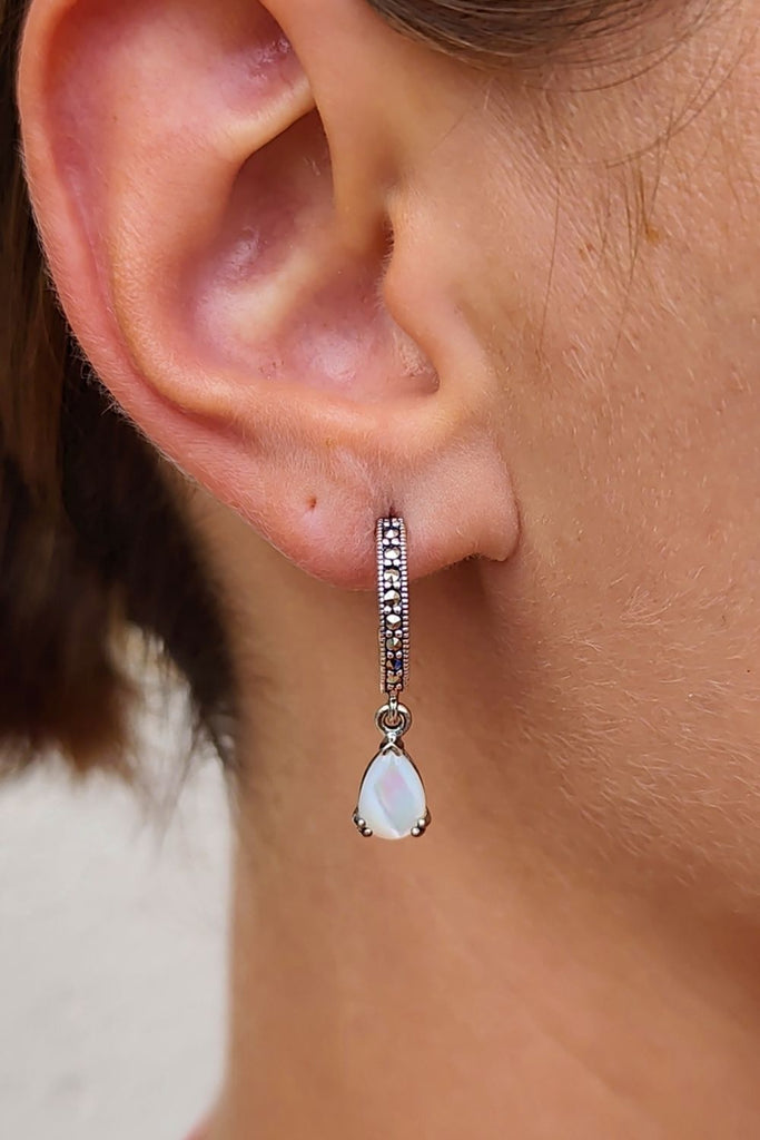 Rotunda - Mother of Pearl | Art Deco Inspired Sterling Silver & Fine Stones Earrings - Art_Deco_Jewelry_Sterling_Silver_Earrings_artdecojewelry.shop._worn_36