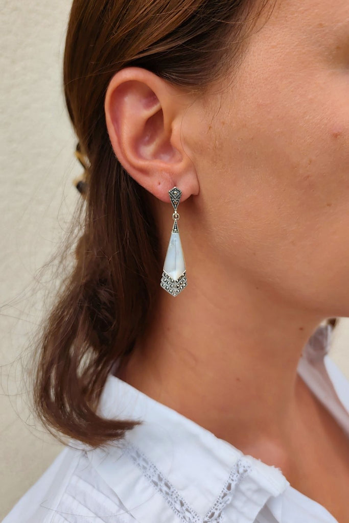 Miramar – Mother of Pearl | Art Deco Inspired Sterling Silver & Fine Stones Earrings - Art_Deco_Jewelry_Sterling_Silver_Earrings_artdecojewelry.shop._worn_45
