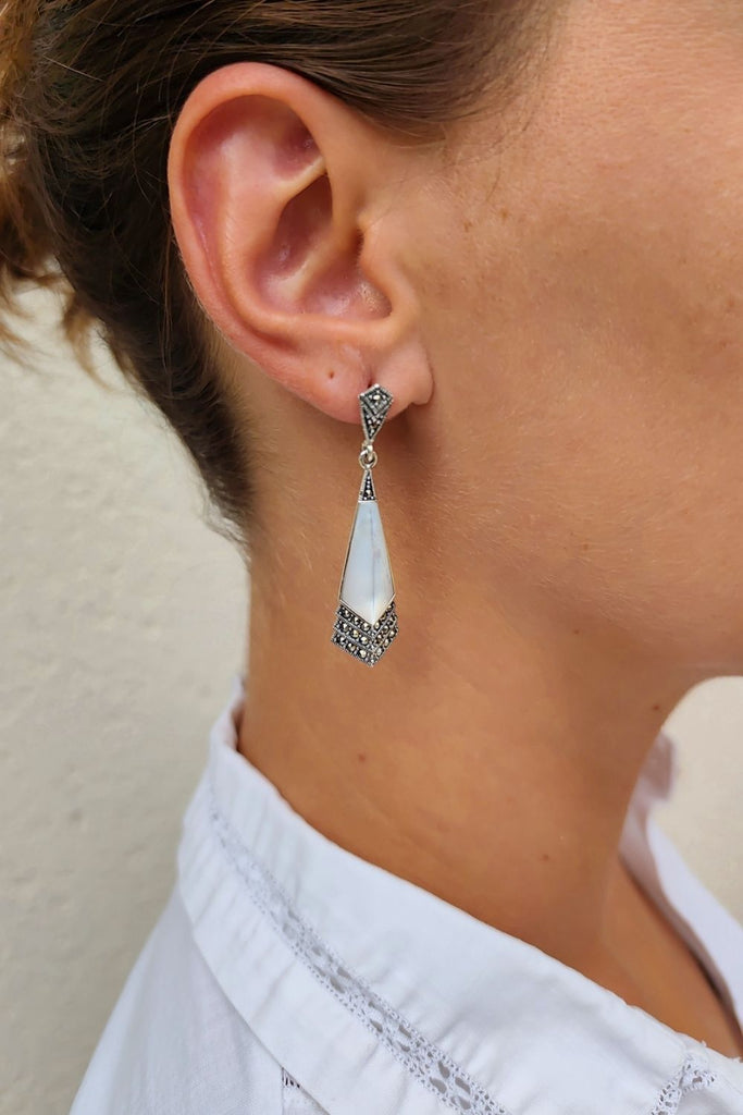 Miramar – Mother of Pearl | Art Deco Inspired Sterling Silver & Fine Stones Earrings - Art_Deco_Jewelry_Sterling_Silver_Earrings_artdecojewelry.shop._worn_46
