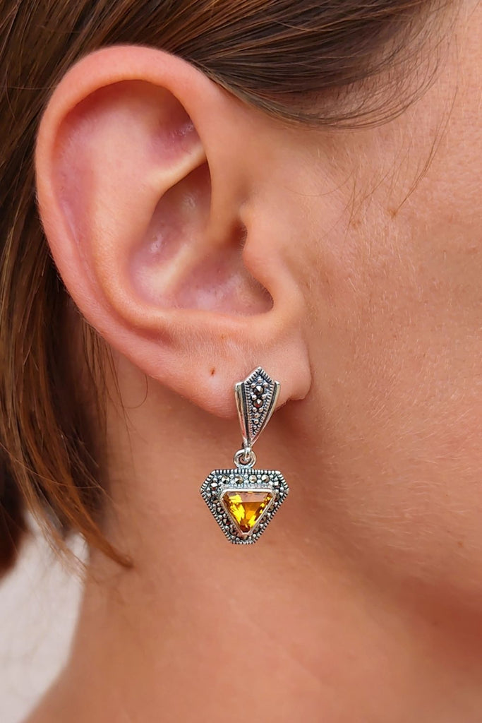 Flatiron - Citrine | Art Deco Inspired Sterling Silver & Fine Stones Earrings - Art_Deco_Jewelry_Sterling_Silver_Earrings_artdecojewelry.shop._worn_4