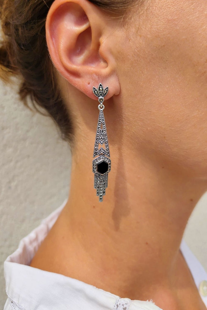 Tramonto - Onyx | Art Deco Inspired Sterling Silver & Fine Stones Earrings - Art_Deco_Jewelry_Sterling_Silver_Earrings_artdecojewelry.shop._worn_55