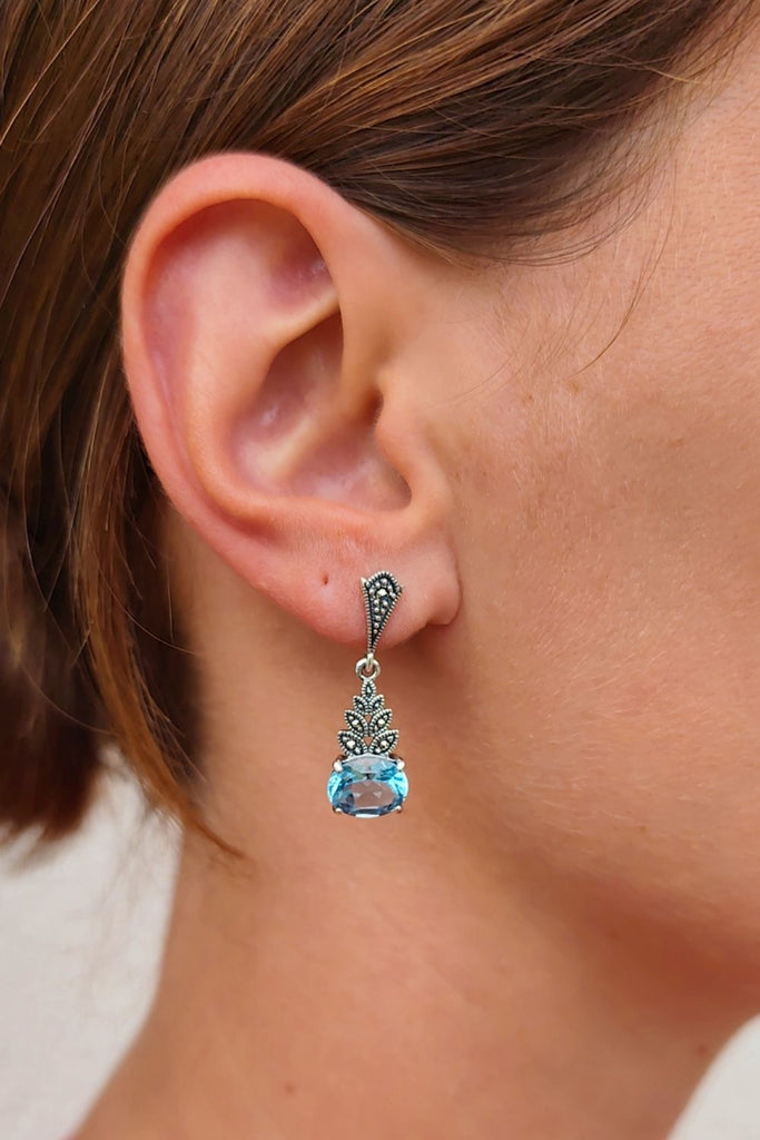 Scala - Blue Topaz | Art Deco Inspired Sterling Silver & Fine Stones Earrings - Art_Deco_Jewelry_Sterling_Silver_Earrings_artdecojewelry.shop._worn_5