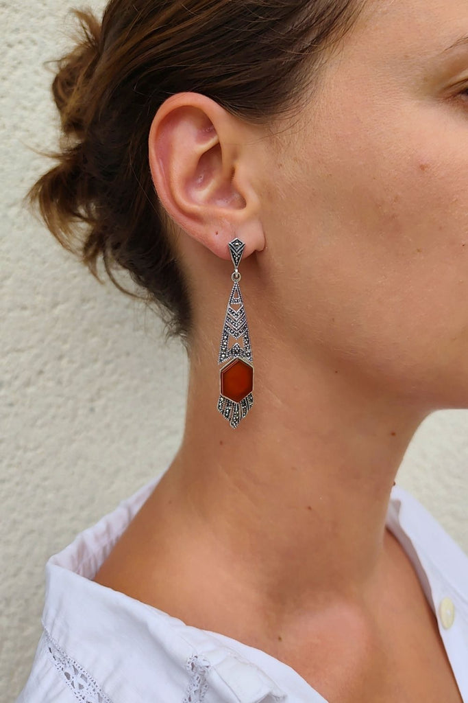 Empire - Red Agate | Art Deco Inspired Sterling Silver & Fine Stones Earrings - Art_Deco_Jewelry_Sterling_Silver_Earrings_artdecojewelry.shop._worn_68