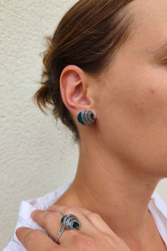 Majorelle - Green Agate | Art Deco Inspired Sterling Silver & Fine Stones Earrings - Art_Deco_Jewelry_Sterling_Silver_Earrings_artdecojewelry.shop._worn_72
