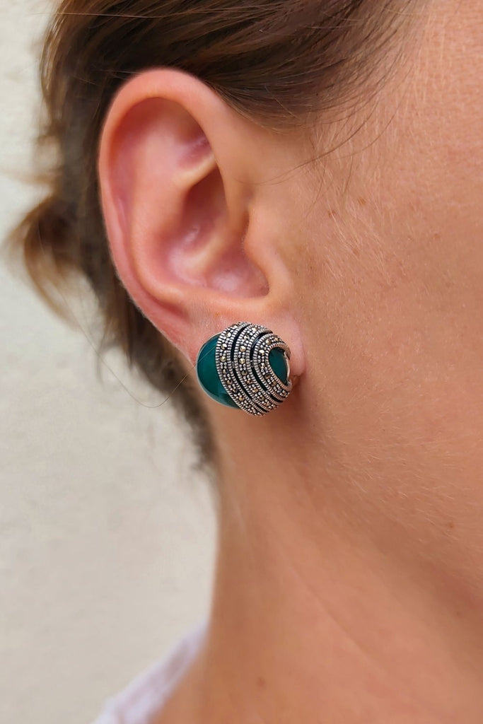 Majorelle - Green Agate | Art Deco Inspired Sterling Silver & Fine Stones Earrings - Art_Deco_Jewelry_Sterling_Silver_Earrings_artdecojewelry.shop._worn_73