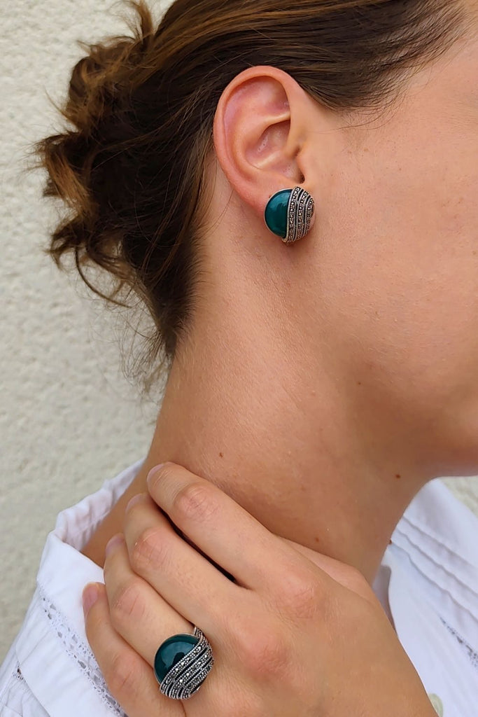 Majorelle - Green Agate | Art Deco Inspired Sterling Silver & Fine Stones Earrings - Art_Deco_Jewelry_Sterling_Silver_Earrings_artdecojewelry.shop._worn_74