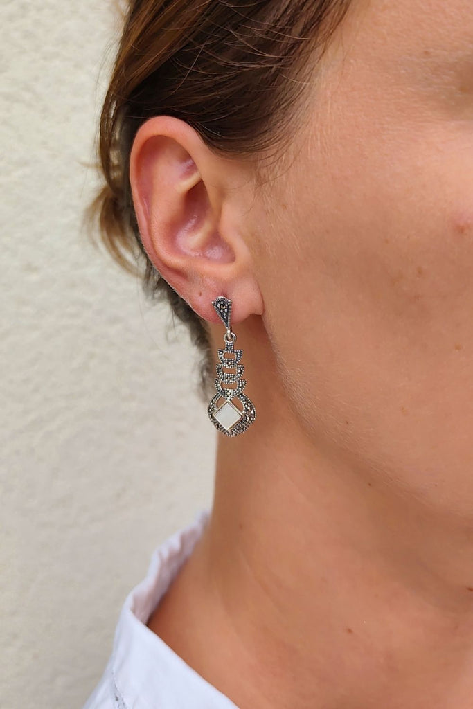 Atlas - Mother of Pearl | Art Deco Inspired Sterling Silver & Fine Stones Earrings - Art_Deco_Jewelry_Sterling_Silver_Earrings_artdecojewelry.shop._worn_76
