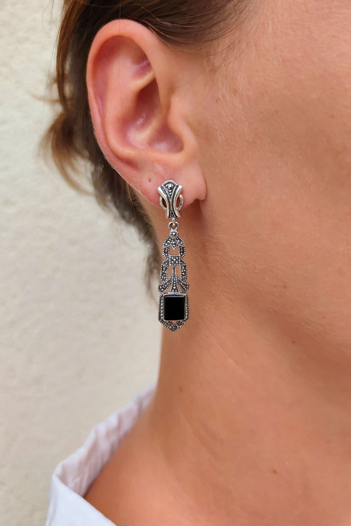 Equinox - Onyx | Art Deco Inspired Sterling Silver & Fine Stones Earrings - Art_Deco_Jewelry_Sterling_Silver_Earrings_artdecojewelry.shop._worn_79