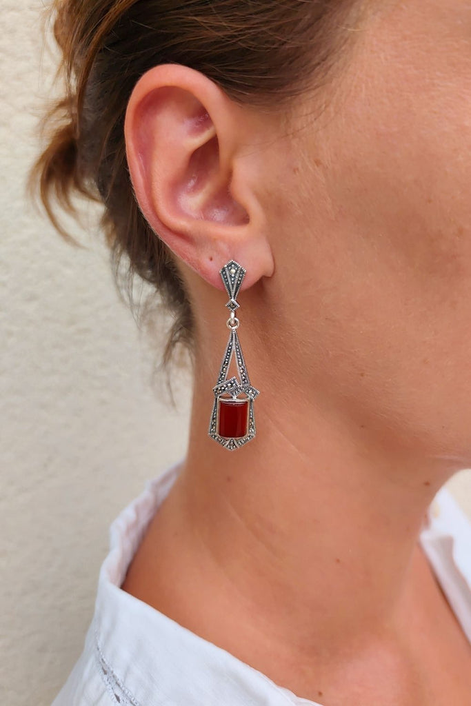 Astoria - Red Agate | Art Deco Inspired Sterling Silver & Fine Stones Earrings - Art_Deco_Jewelry_Sterling_Silver_Earrings_artdecojewelry.shop._worn_81