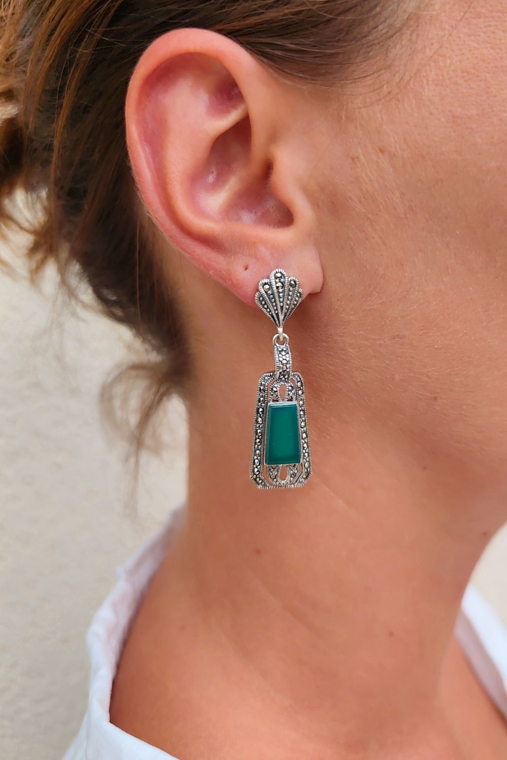 Gemondo Orecchini A Goccia In Argento 925 – Ispirazione Vintage Art Déco Con Calcedonio Verde E Marcasite