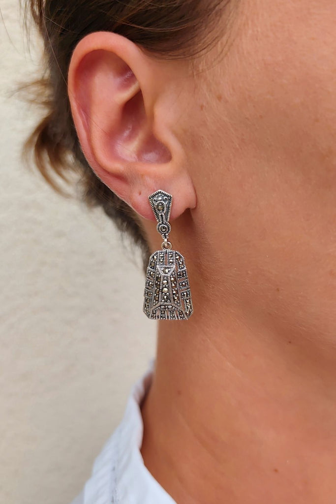 Elysée - Marcasite | Art Deco Inspired Sterling Silver & Fine Stones Earrings - Art_Deco_Jewelry_Sterling_Silver_Earrings_artdecojewelry.shop._worn_85