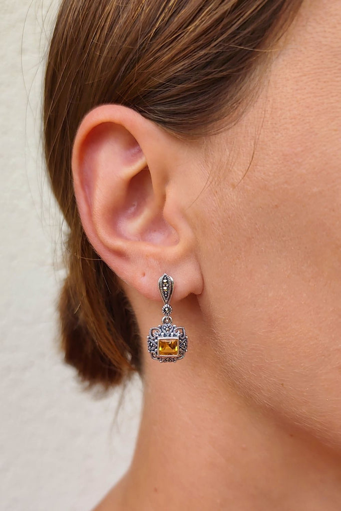 Ansonia - Citrine | Art Deco Inspired Sterling Silver & Fine Stones Earrings - Art_Deco_Jewelry_Sterling_Silver_Earrings_artdecojewelry.shop._worn_8