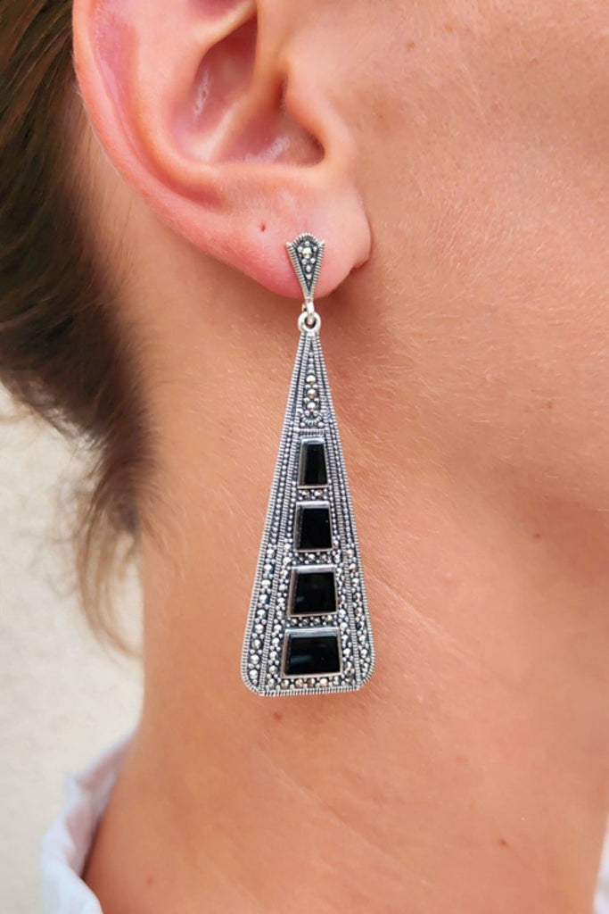 Arcadia - Onyx | Art Deco Inspired Sterling Silver & Fine Stones Earrings - Art_Deco_Jewelry_Sterling_Silver_Earrings_artdecojewelry.shop._worn_90