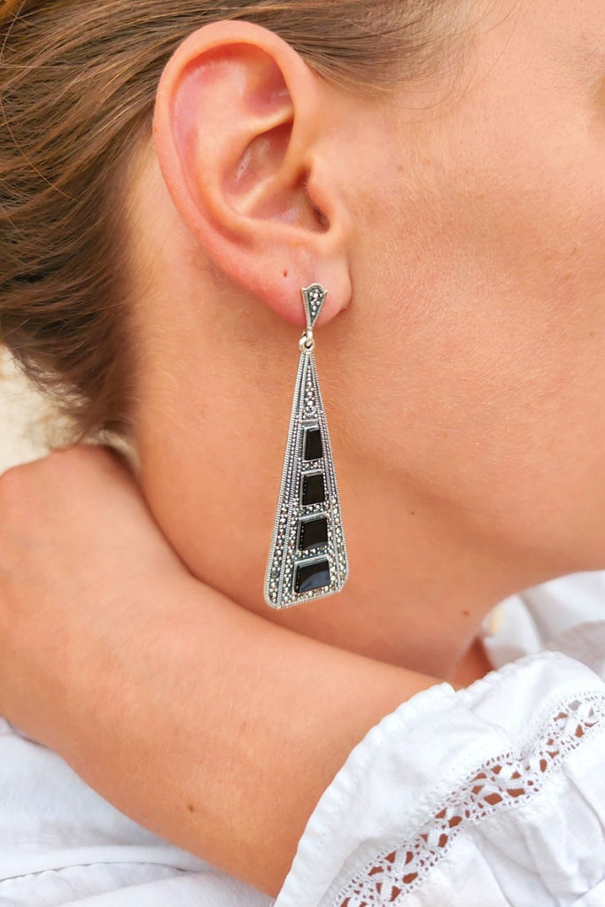 Arcadia - Onyx | Art Deco Inspired Sterling Silver & Fine Stones Earrings - Art_Deco_Jewelry_Sterling_Silver_Earrings_artdecojewelry.shop._worn_92