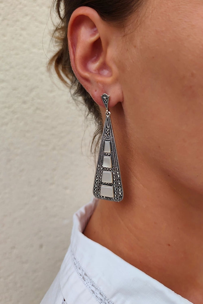 Arcadia - Mother of Pearl | Art Deco Inspired Sterling Silver & Fine Stones Earrings - Art_Deco_Jewelry_Sterling_Silver_Earrings_artdecojewelry.shop._worn_96
