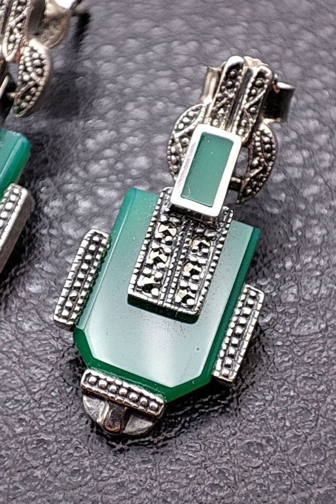 Savoy - Green Agate | Art Deco Inspired Sterling Silver & Fine Stones Earrings - Art_Deco_Jewelry_Sterling_Silver_Earrings_artdecojewelry.shop._zoomed17