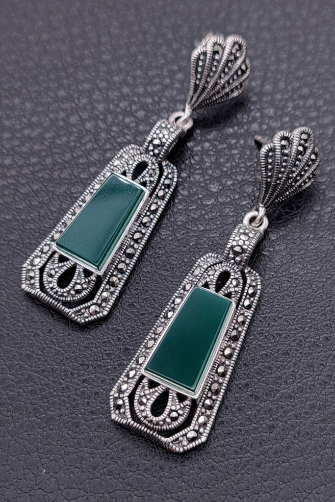 Pavillon - Green Agate | Art Deco Inspired Sterling Silver & Fine Stones Earrings - art-deco-jewelry-shop-earrings-sterling-silver-marcasite-_-fine-stones