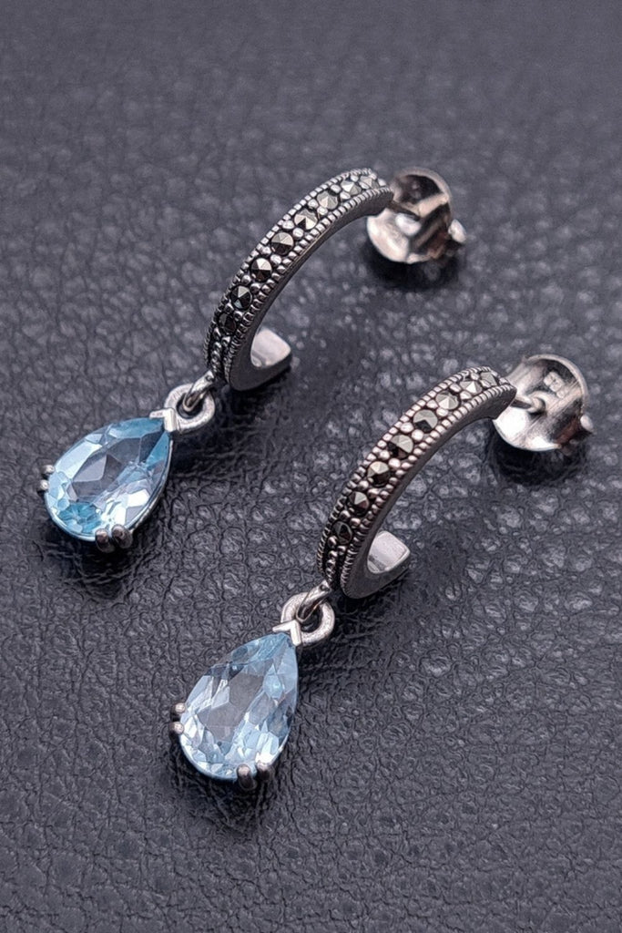 Rotunda - Blue Topaz | Art Deco Inspired Sterling Silver & Fine Stones Earrings - art-deco-jewelry-shop-earrings-sterling-silver-marcasite-_-fine-stones_11