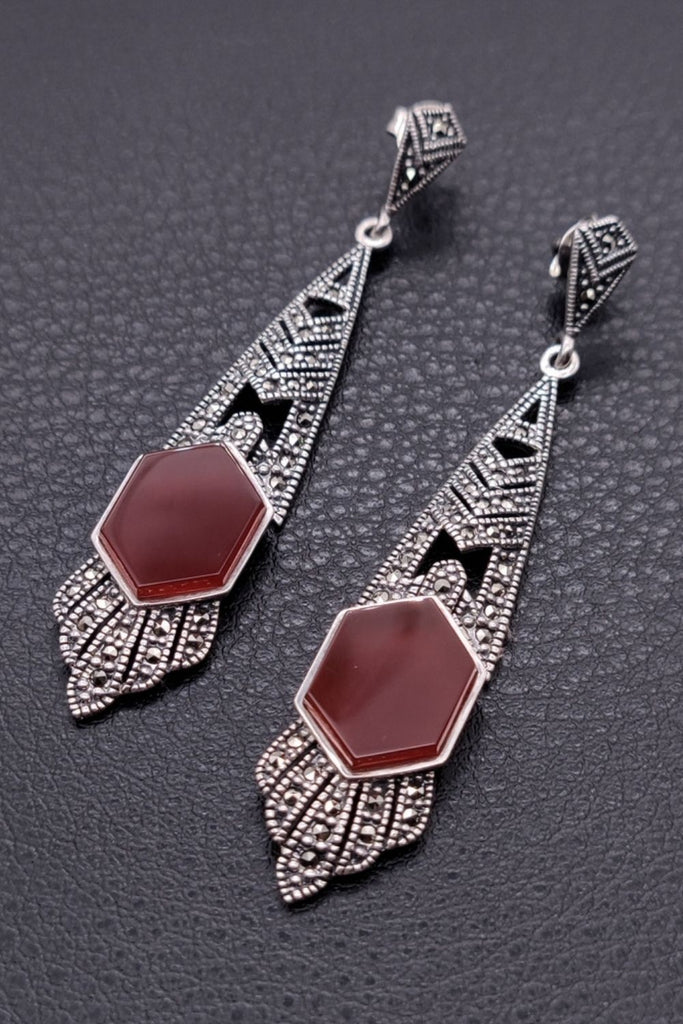 Empire - Red Agate | Art Deco Inspired Sterling Silver & Fine Stones Earrings - art-deco-jewelry-shop-earrings-sterling-silver-marcasite-_-fine-stones_21