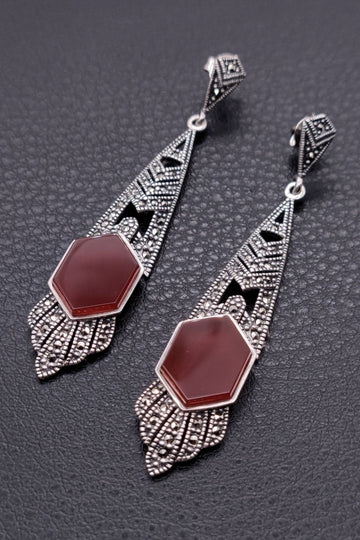 Empire - Red Agate | Art Deco Inspired Sterling Silver & Fine Stones Earrings - art-deco-jewelry-shop-earrings-sterling-silver-marcasite-_-fine-stones_21