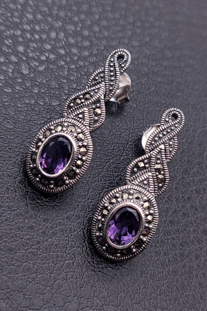Alhambra - Amethyst | Art Deco Inspired Sterling Silver & Fine Stones Earrings - art-deco-jewelry-shop-earrings-sterling-silver-marcasite-_-fine-stones_34